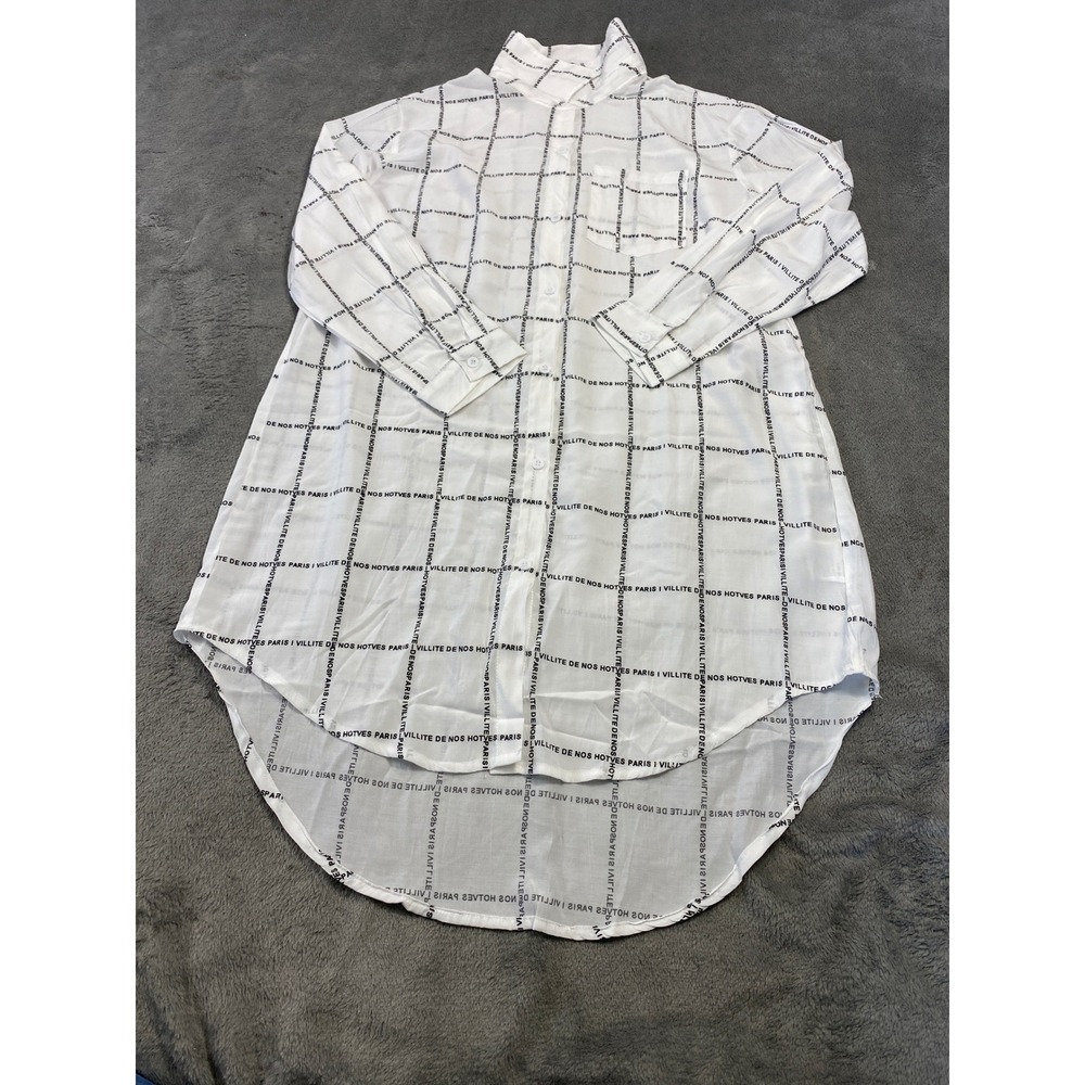 Villite De Nos Hotves Paris Shirt Dress Women S White Text Grid High Low Tunic